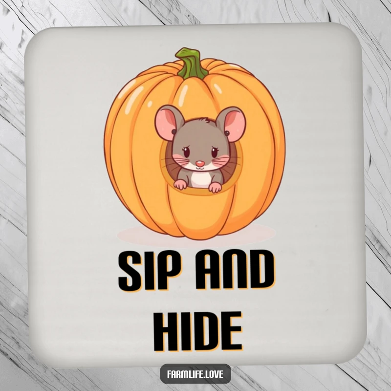 Funny drink coaster with a tiny mouse peeking from a ripe pumpkin, offering surface protection with a humorous Halloween theme.