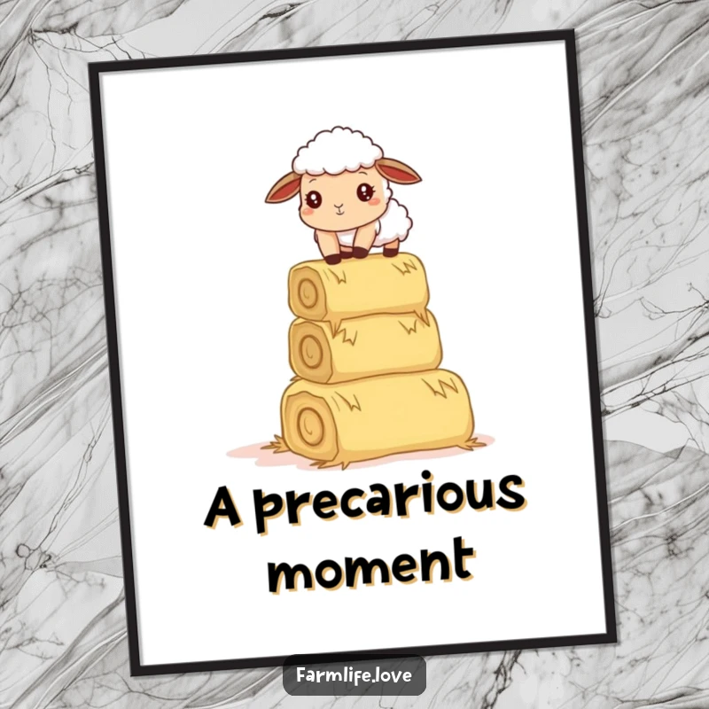 Funny poster: A curious sheep comically tries to balance a precarious stack of hay bales, embodying hilarious farmyard determination.