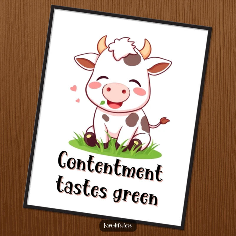 Funny Poster of a happy cow contentedly munching green grass, creating humorous and charming pastoral wall art.