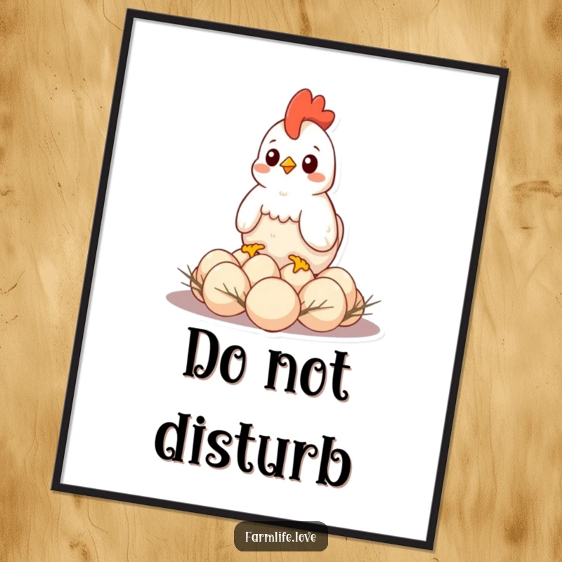 Funny poster showcasing a content hen sitting protectively on eggs, bringing maternal warmth and humor to decor.