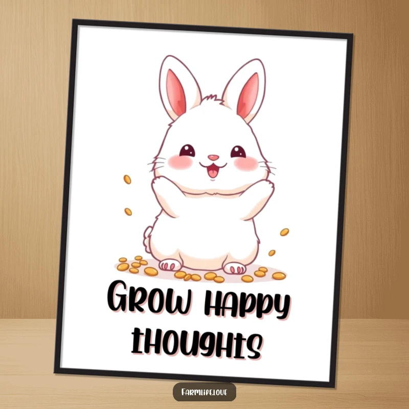 Funny Poster: A fluffy white bunny joyfully scattering seeds, symbolizing nature's bounty.