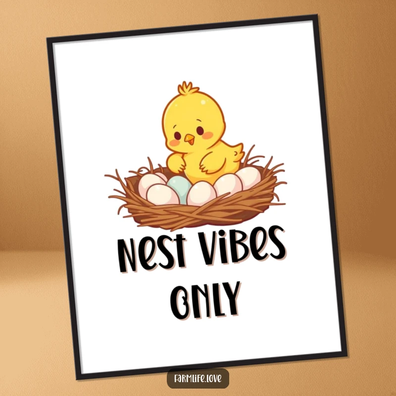 Funny busy yellow chick gathering eggs from a cozy nest, vibrant and humorous wall art perfect for adding cheer.