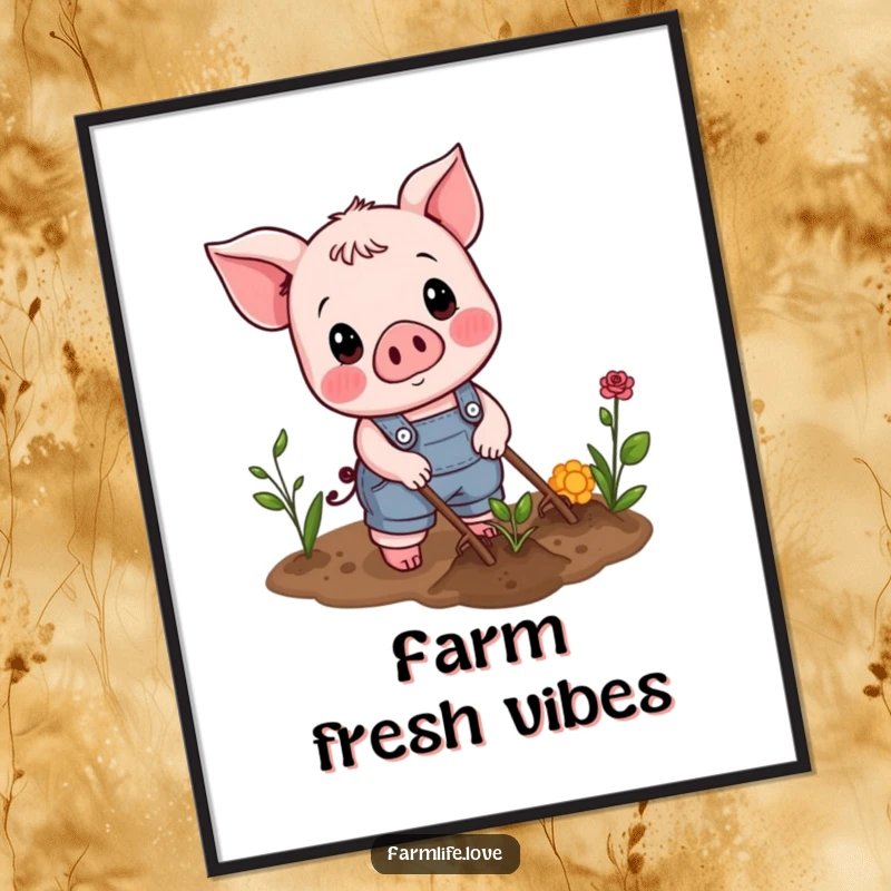 Funny Poster: A happy piglet in overalls digging in a garden patch, full of farm joy.