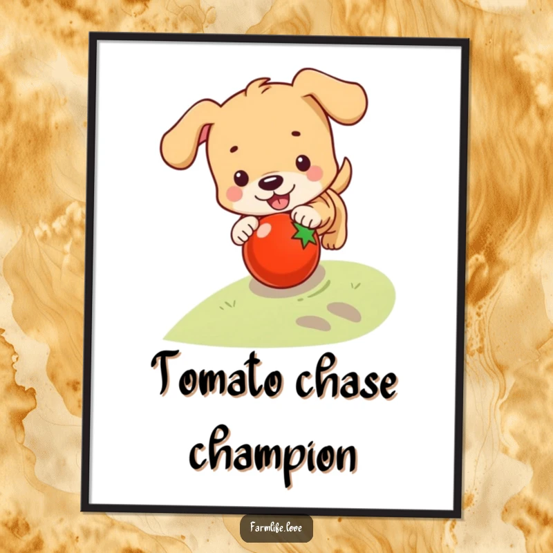 Funny poster featuring a playful puppy chasing a rolling tomato down a gentle slope, capturing joyful canine chaos.