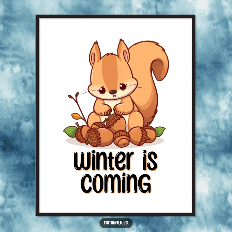 Funny poster illustrating a busy squirrel with a determined expression, actively hoarding acorns, bringing a humorous wildlife vibe.