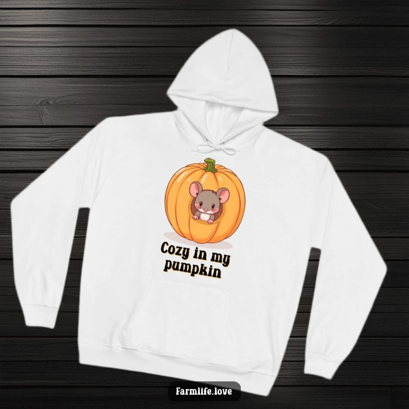 Funny hoodie featuring a tiny mouse peeking curiously from a ripe pumpkin, bringing cozy Halloween humor and charm.