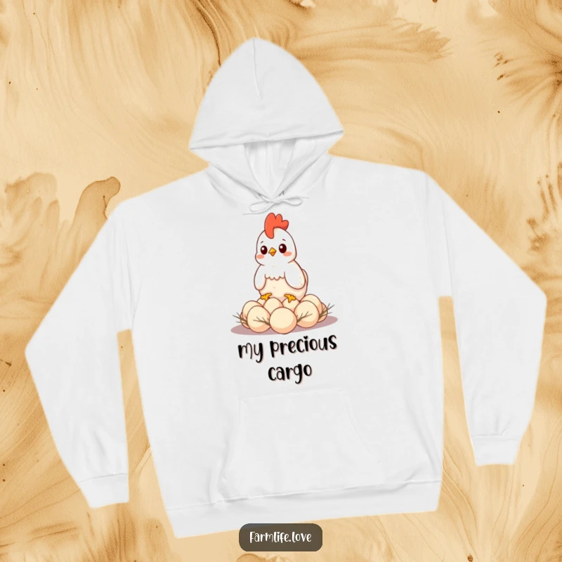 Funny hoodie featuring a content hen protectively sitting on eggs, providing cozy warmth and maternal humor.