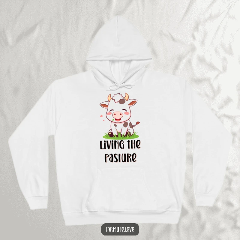 Funny Hoodie with a happy cow contentedly munching green grass, offering cozy humor and pastoral charm.