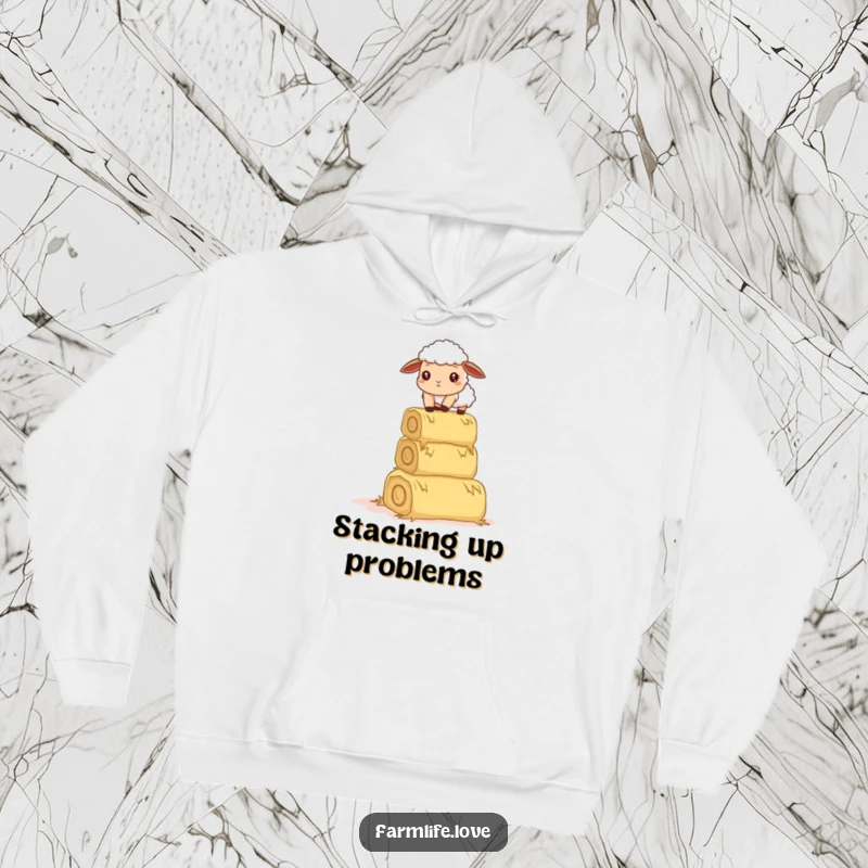 Funny hoodie: A curious sheep comically attempts to balance a stack of hay bales, showcasing a funny, determined effort.