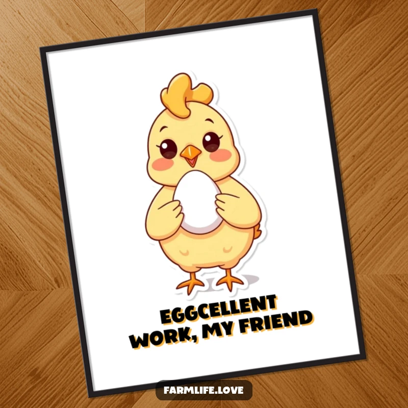 Funny Free Printable Wall Art: A cheerful chicken beaming with pride, presenting a perfectly laid, flawless egg.