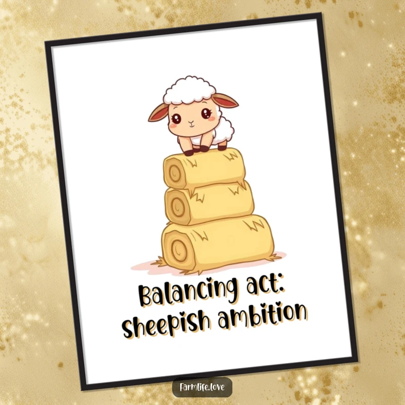 Funny Free Printable Wall Art: A curious sheep hilariously trying to keep its balance on a stack of hay bales.