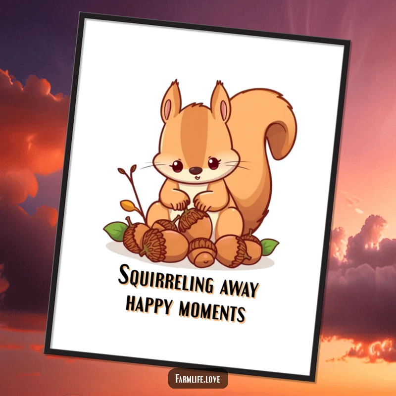 Funny Free Printable Wall Art: A busy squirrel with a determined expression hoarding acorns, perfect for a humorous home accent.