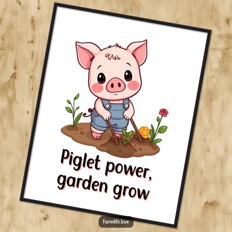 Funny Free Printable Wall Art featuring a cheerful piglet in overalls plowing a garden patch, bringing playful charm to any wall.