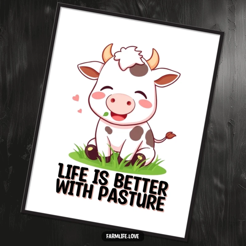 Funny Free Printable Wall Art: A happy cow contentedly grazes on green grass, letting out a blissful, peaceful sigh.