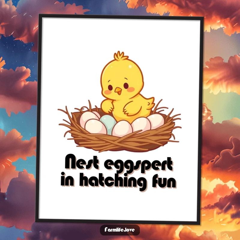 Funny Free Printable Wall Art depicting a cheerful yellow chick busy collecting fresh eggs from a rustic, cozy nest.