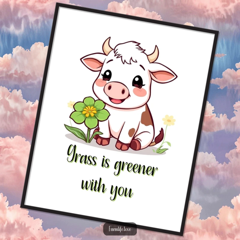 Funny Free Printable Wall Art: A cheerful cow deep in thought, munching on a giant clover, adding humor to any room.