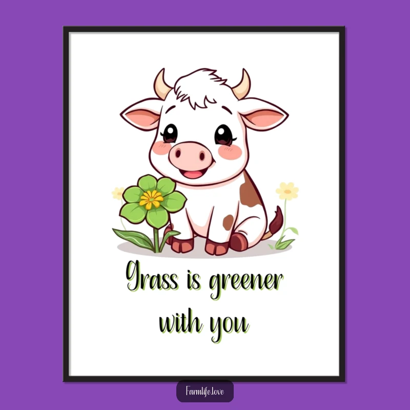 Free Printable Wall Art: Cheerful Cow Chewing Clover, Funny Downloadable Decor