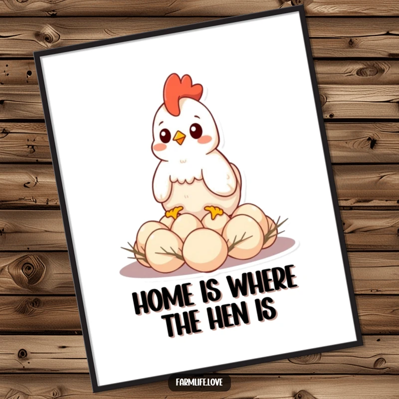 Funny Free Printable Wall Art: A content hen sitting protectively on her precious eggs, creating a cozy and humorous scene.