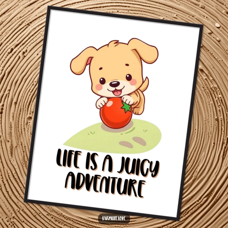Funny Free Printable Wall Art: A playful puppy joyfully chasing a rolling tomato down a hill, capturing a moment of fun.