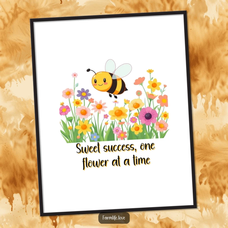 Funny Free Printable Wall Art: A joyful bee energetically buzzing amidst a field of bright, colorful flowers.