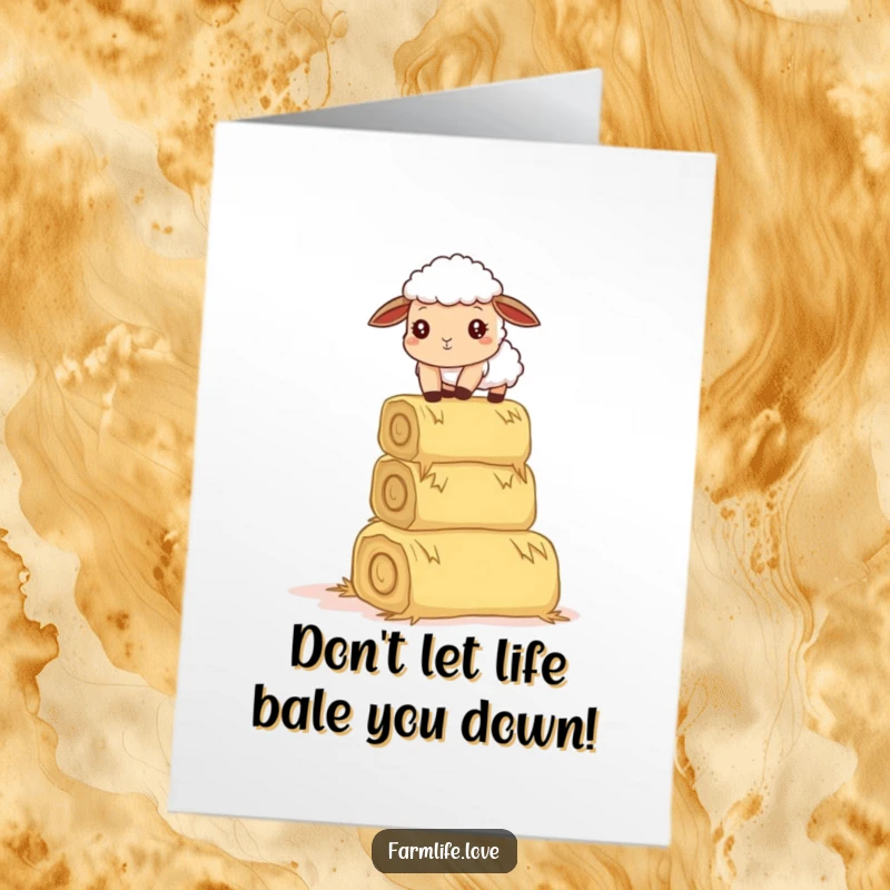 Funny Free Printable Birthday Card: A curious sheep precariously balancing a tall stack of hay bales.