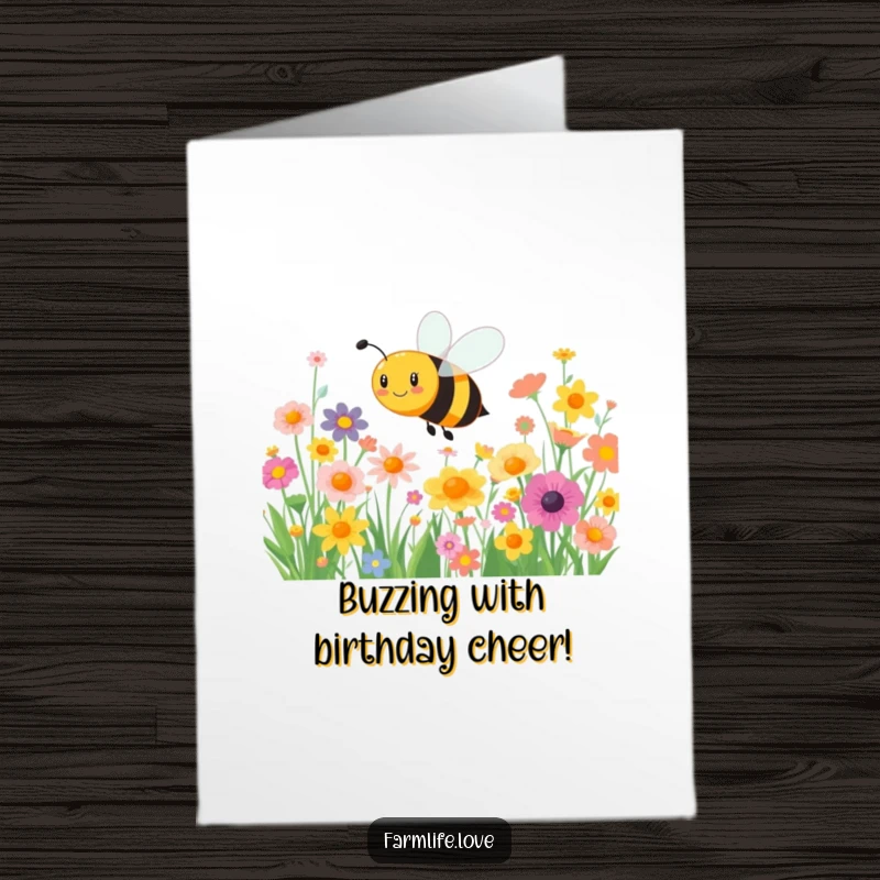 Funny Free Printable Birthday Card: A busy bee joyfully buzzing amongst vibrant, colorful flowers.