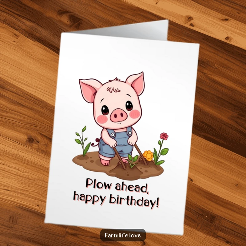 Funny Free Printable Birthday Card of a cheerful piglet in overalls happily plowing a small garden patch, ready for a fun day.