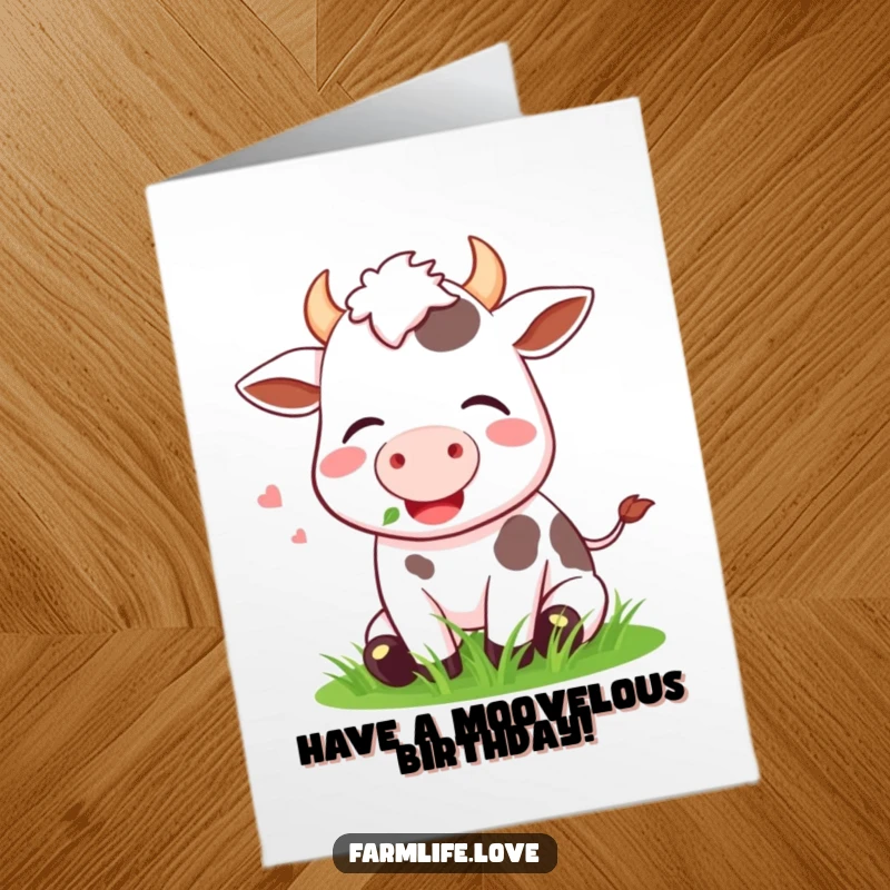 Funny Free Printable Birthday Card: A content cow happily munches on lush green grass, letting out a blissful sigh.
