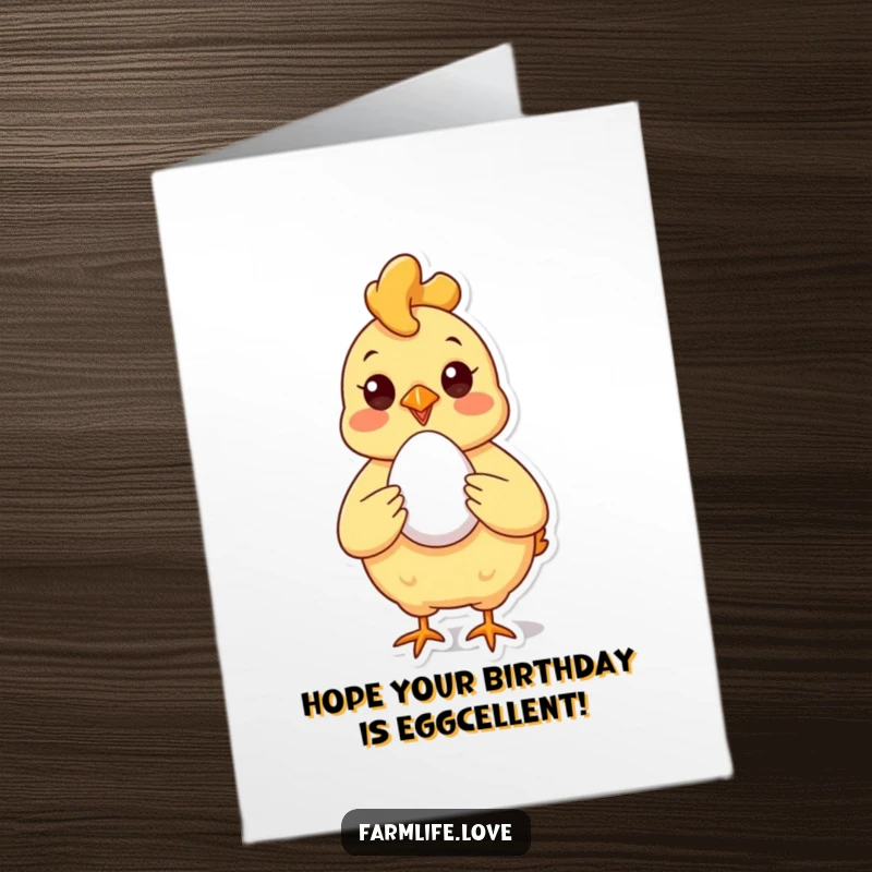 Funny Free Printable Birthday Card: A cheerful chicken beams with pride, presenting a perfectly laid, immaculate egg.