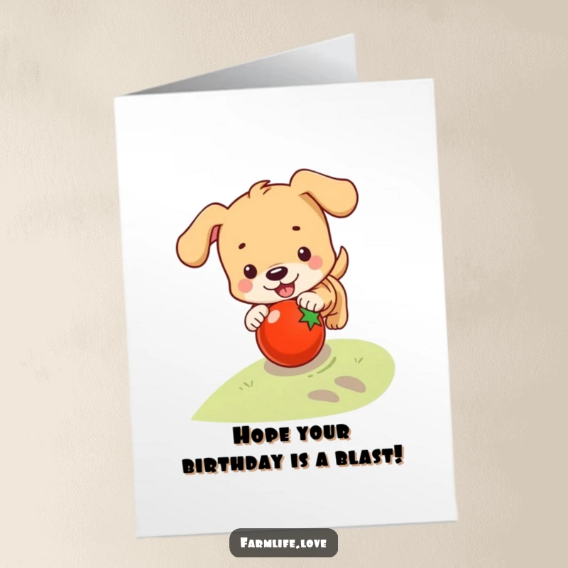 Funny Free Printable Birthday Card: A happy puppy gleefully chasing a rogue tomato down a sunny hill toward fun.
