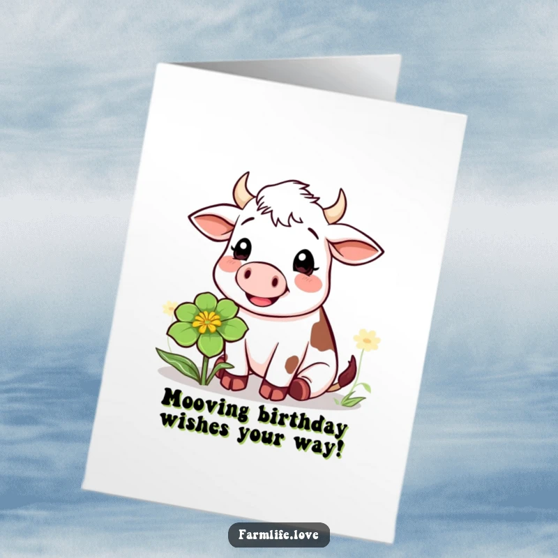 Funny Free Printable Birthday Card: A cheerful cow blissfully chewing a giant clover, ready to wish someone a happy birthday.