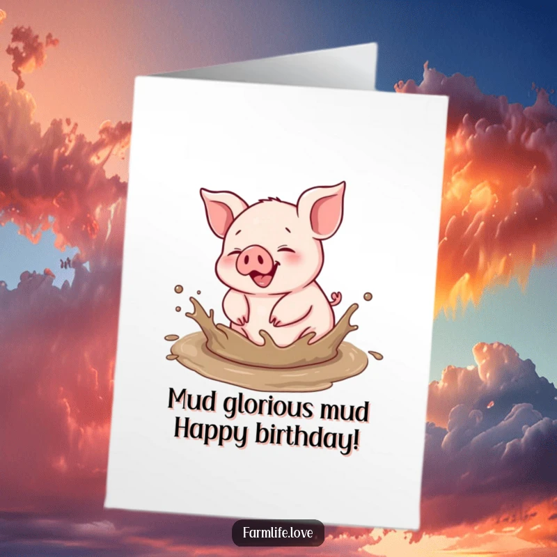 Funny Free Printable Birthday Card: Piglet joyfully rolling in a muddy puddle, splattering glee.