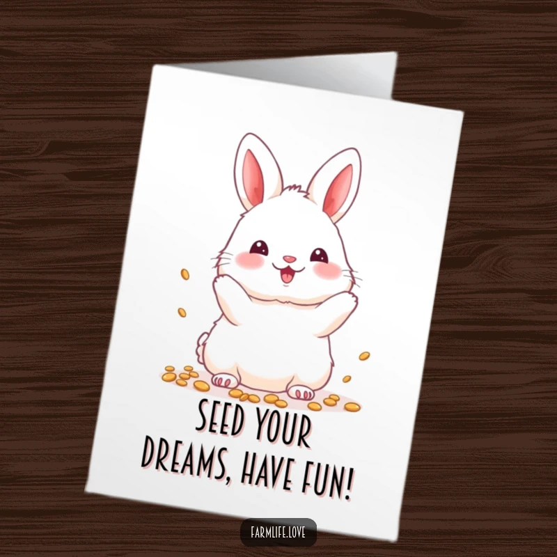 Funny Free Printable Birthday Card of a fluffy white bunny happily throwing seeds, symbolizing growth and good fortune.