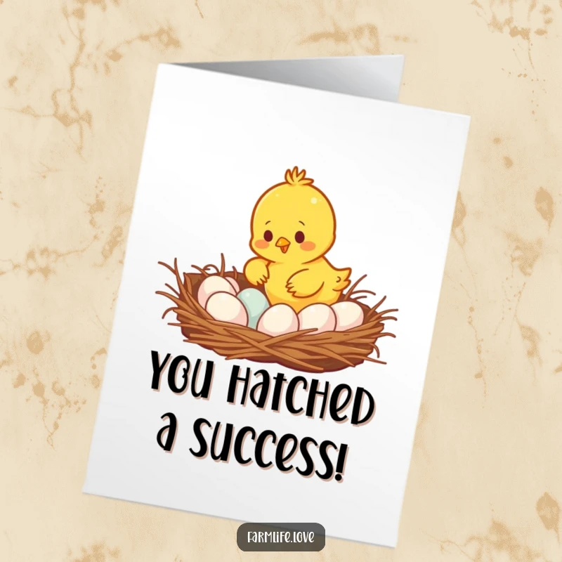Funny Free Printable Congratulations Card showing a busy yellow chick proudly gathering eggs, symbolizing a successful achievement.