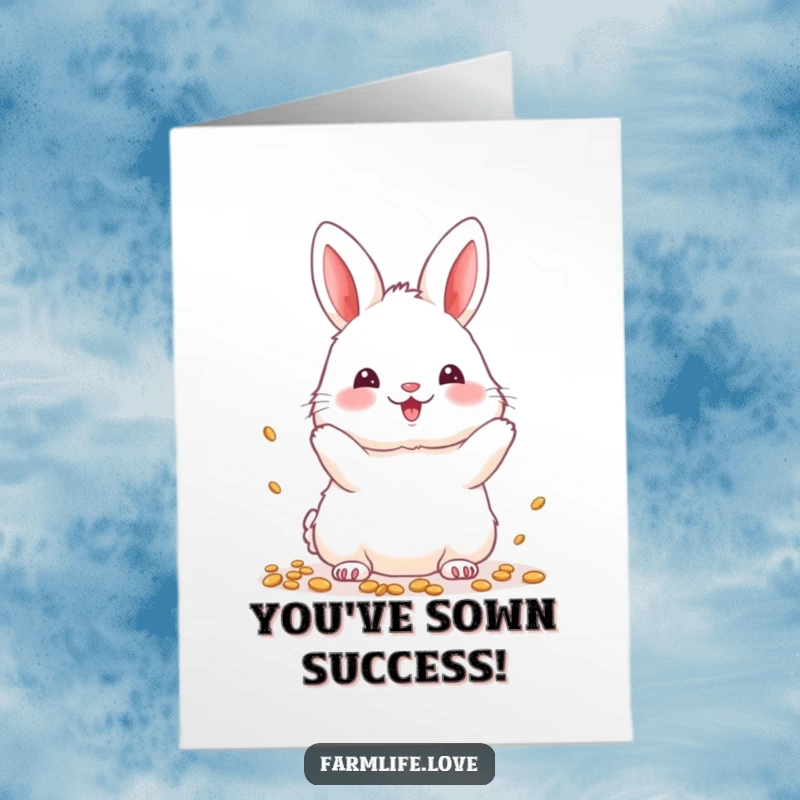Funny Free Printable Congratulations Card with a fluffy bunny scattering seeds, representing new growth and prosperous ventures.