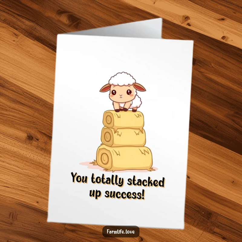 Funny Free Printable Congratulations Card: A sheep successfully balancing a huge stack of hay bales.