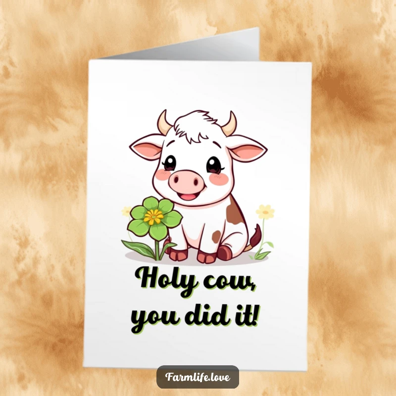Free Printable Congratulations Card: A happy cow contentedly chewing a large clover, a humorous way to celebrate.