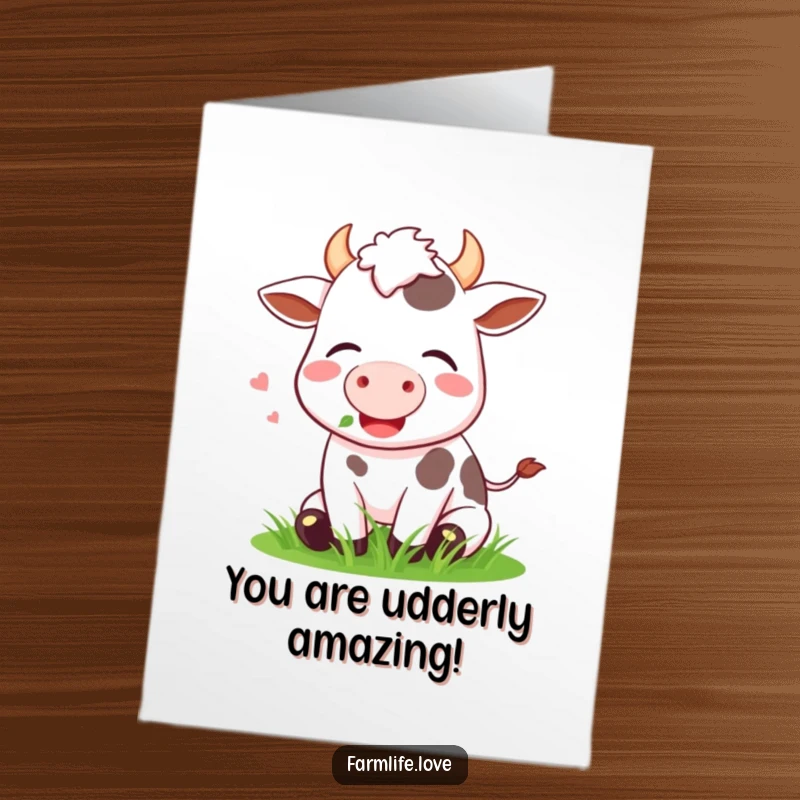 Funny Free Printable Congratulations Card: A blissful cow contentedly chews grass, exhaling a happy, peaceful sigh.