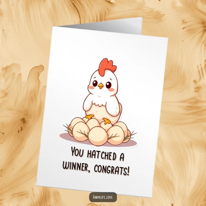 Free Printable Congratulations Card: A contented hen sitting protectively over a clutch of eggs, symbolizing new life and success.
