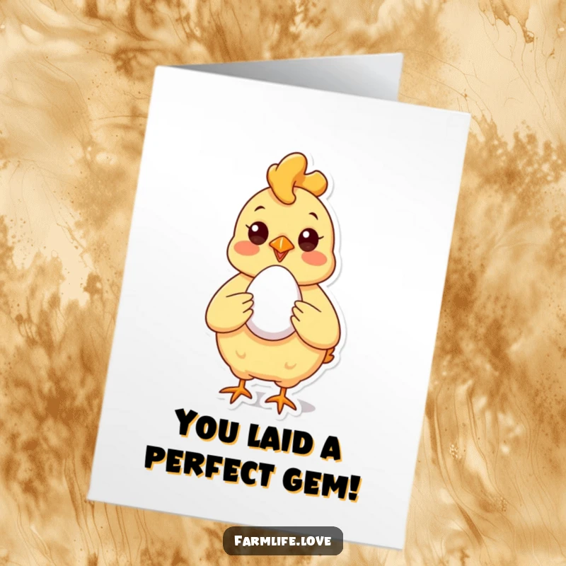 Funny Free Printable Congratulations Card: A jubilant chicken proudly displays a flawless, fresh egg it just produced.