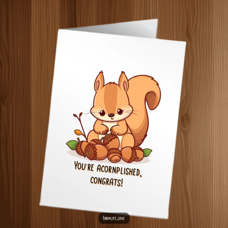 Free Printable Congratulations Card: A busy squirrel focused on gathering a huge pile of acorns, celebrating achievement.