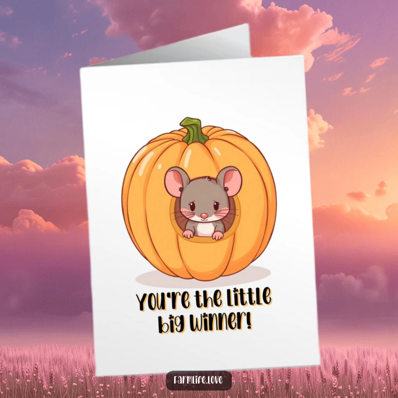 Free Printable Congratulations Card: A tiny mouse with curious eyes peeking from inside a big, orange pumpkin.
