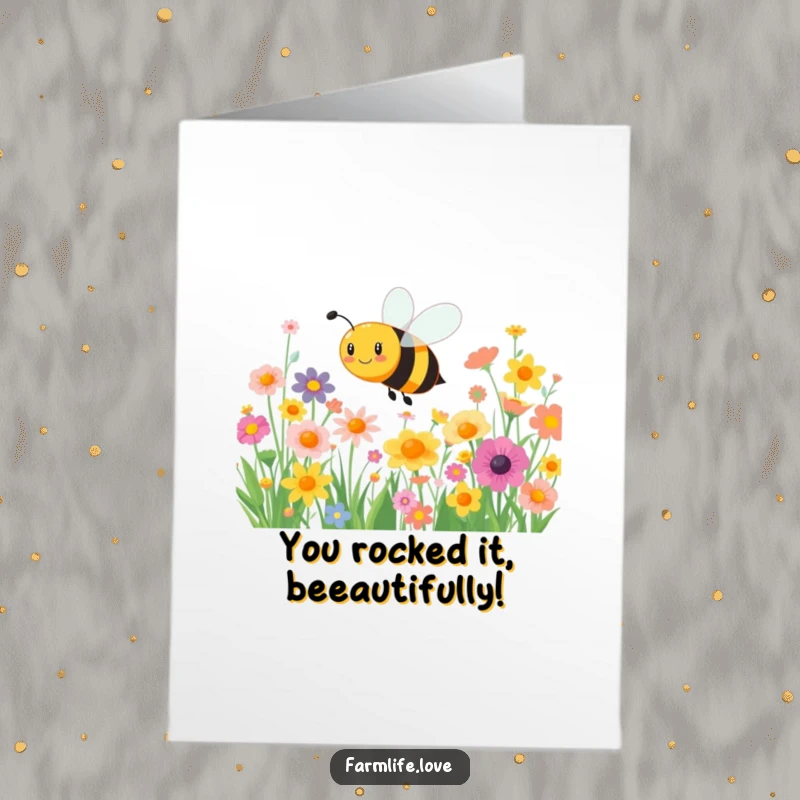 Funny Free Printable Congratulations Card: A busy bee buzzing happily around colorful flowers to mark success.