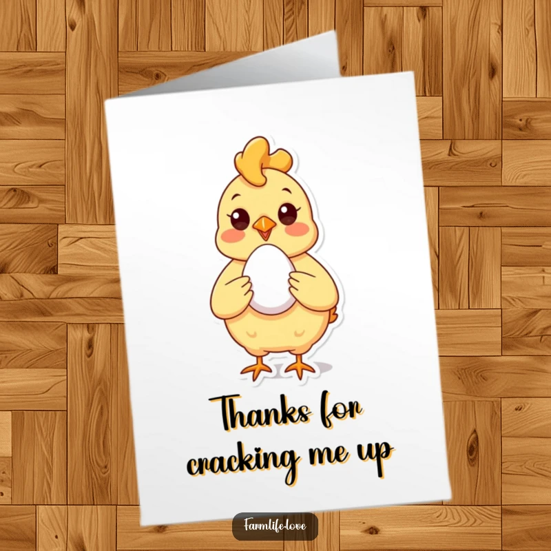 Funny Free Printable Thank You Card: A happy chicken stands tall, proudly showcasing a beautiful, perfect egg.