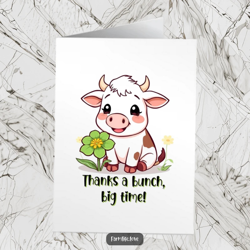 Funny Free Printable Thank You Card: A cheerful cow thoughtfully chewing a big clover, perfect for a humorous thank you.