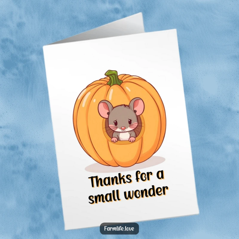 Funny Free Printable Thank You Card: A tiny mouse peeking out from the hollow of a ripe pumpkin, offering thanks.