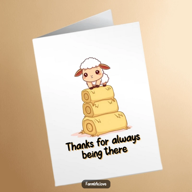 Funny Free Printable Thank You Card: A sheep attempting to balance a precarious stack of hay bales.
