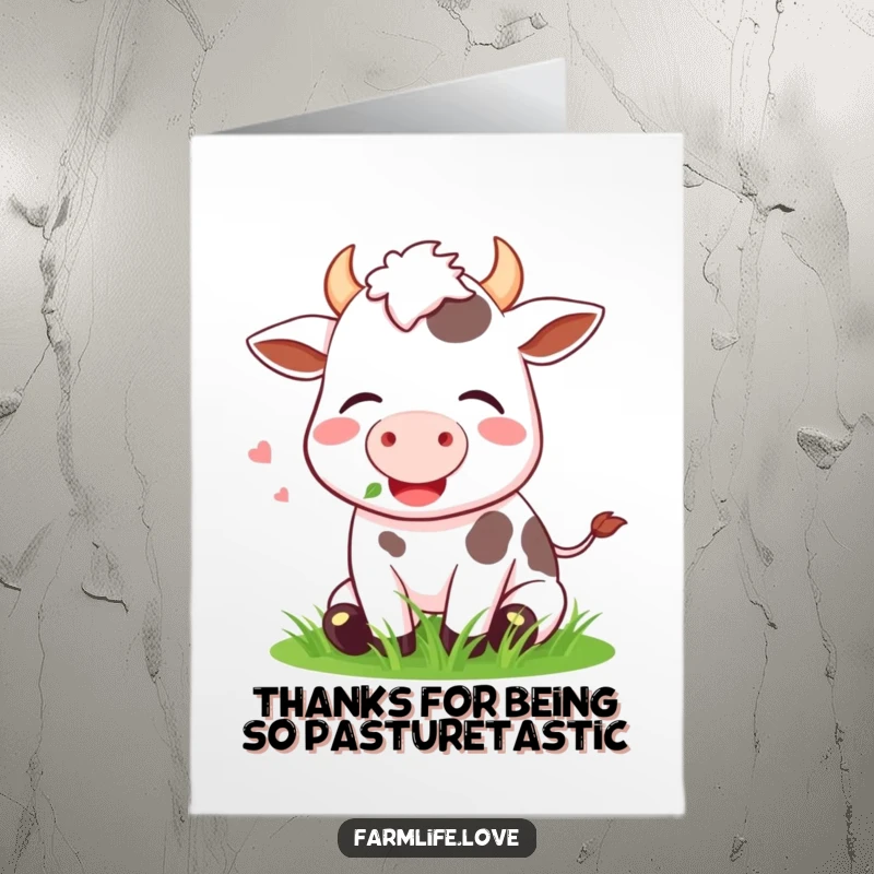 Funny Free Printable Thank You Card: A cheerful cow enjoys a meal of green grass with a deeply contented sigh.