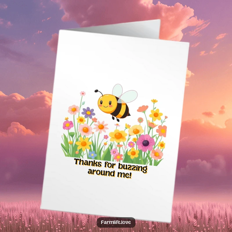 Funny Free Printable Thank You Card: A happy bee buzzing around colorful flowers, conveying thanks.