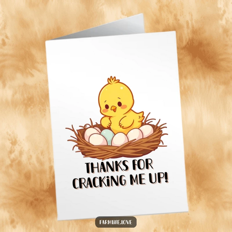 Funny Free Printable Thank You Card with a busy yellow chick offering a basket of eggs as a token of appreciation.